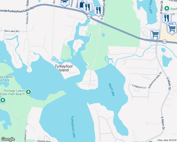 map of restaurants, bars, coffee shops, grocery stores, and more near 4362 Point Comfort Drive in Akron