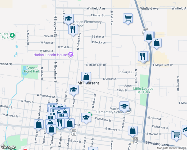 map of restaurants, bars, coffee shops, grocery stores, and more near 341-479 E Cedar Ln in Mt Pleasant