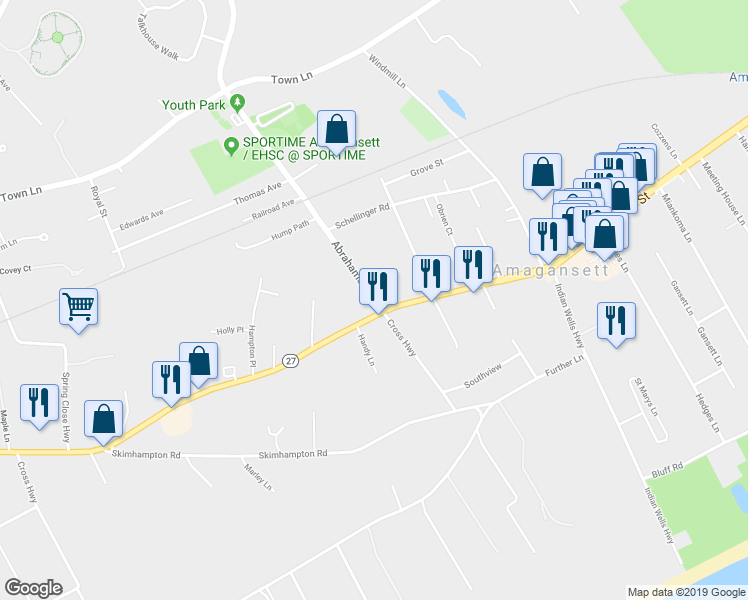map of restaurants, bars, coffee shops, grocery stores, and more near 558 Abrahams Path in East Hampton
