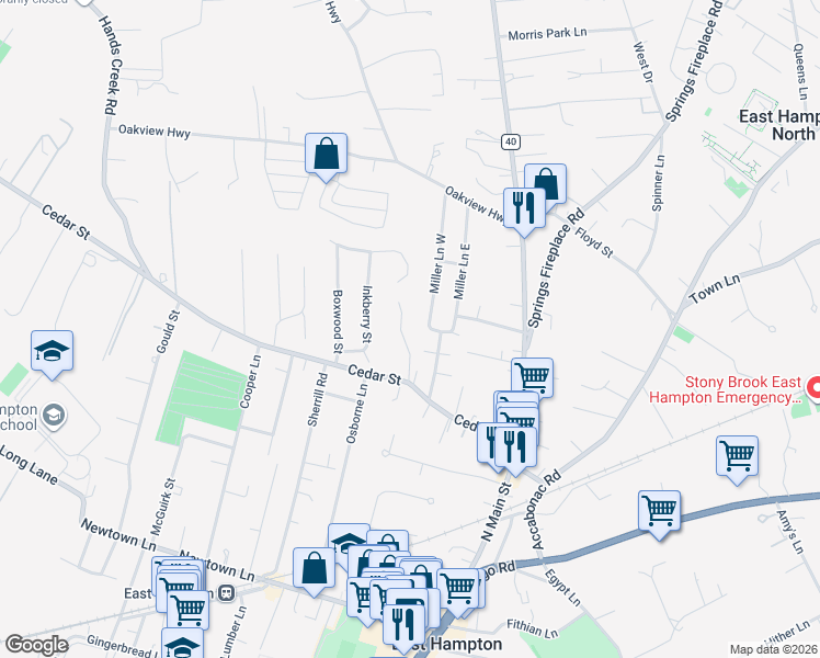 map of restaurants, bars, coffee shops, grocery stores, and more near 7 Miller Lane East in East Hampton