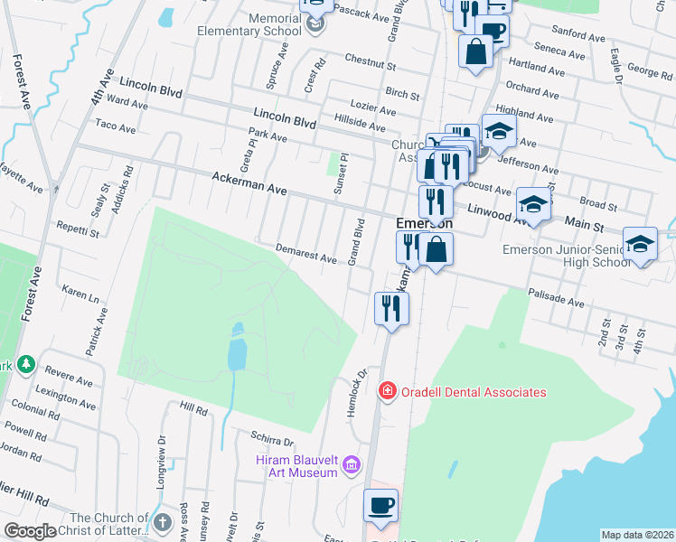 map of restaurants, bars, coffee shops, grocery stores, and more near 67 Sherwood Court in Emerson