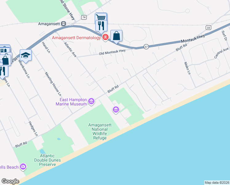 map of restaurants, bars, coffee shops, grocery stores, and more near 255 Bluff Road in Amagansett