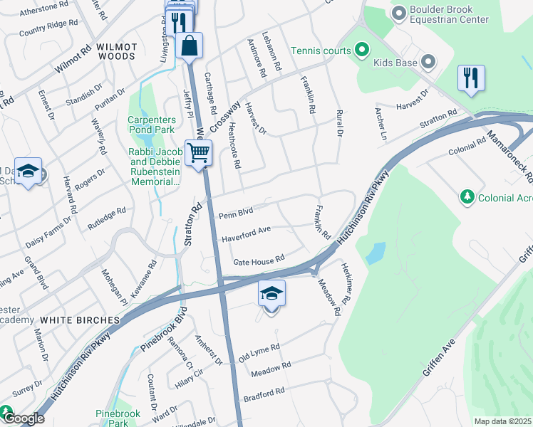 map of restaurants, bars, coffee shops, grocery stores, and more near 33 Haverford Avenue in Scarsdale