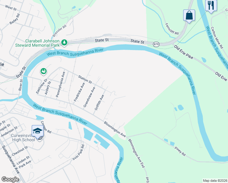 map of restaurants, bars, coffee shops, grocery stores, and more near 524 McGee Road in Curwensville