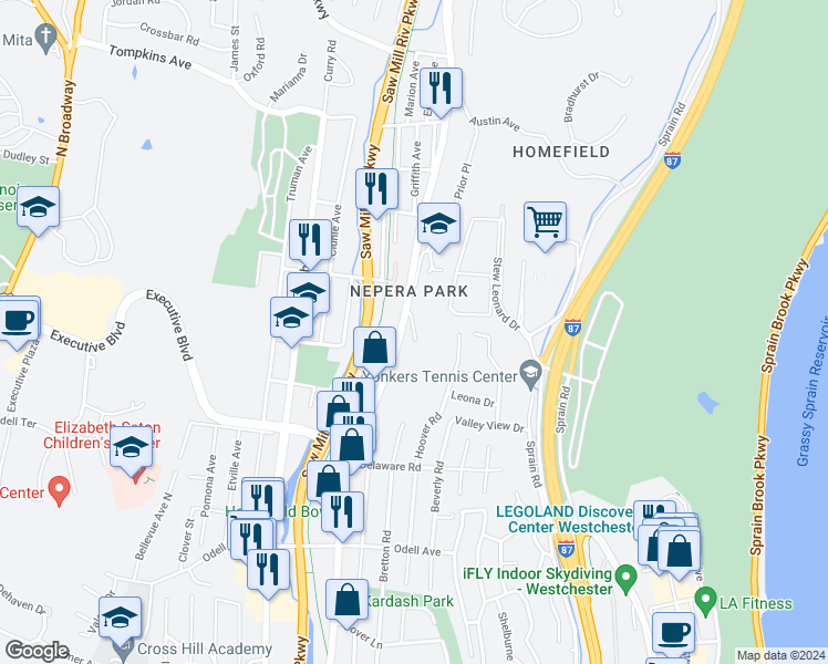 map of restaurants, bars, coffee shops, grocery stores, and more near Old Saw Mill River Road in Yonkers