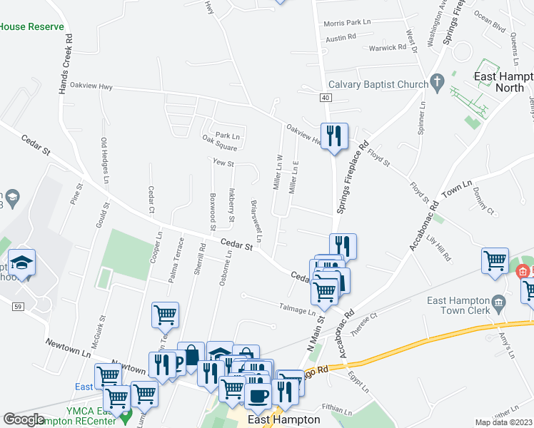 map of restaurants, bars, coffee shops, grocery stores, and more near 7 Miller Lane East in East Hampton