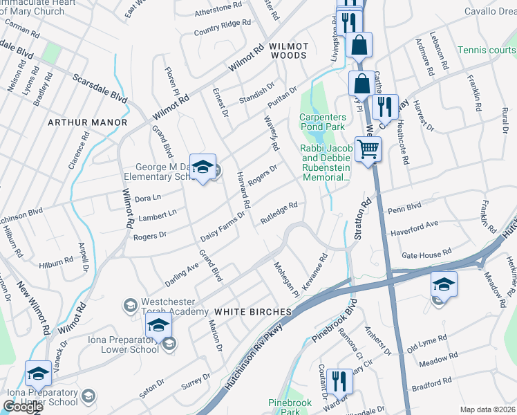 map of restaurants, bars, coffee shops, grocery stores, and more near 59 Rutledge Road in Scarsdale