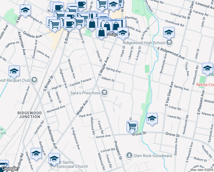 map of restaurants, bars, coffee shops, grocery stores, and more near 339 Cedar Avenue in Ridgewood