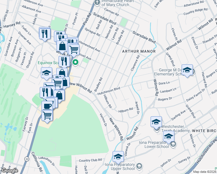 map of restaurants, bars, coffee shops, grocery stores, and more near 34 Johnson Road in Scarsdale