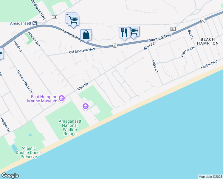 map of restaurants, bars, coffee shops, grocery stores, and more near 24 Sandpiper Lane in Amagansett