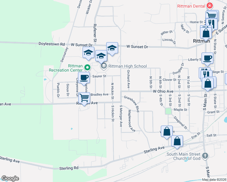 map of restaurants, bars, coffee shops, grocery stores, and more near 15 North Hickin Avenue in Rittman