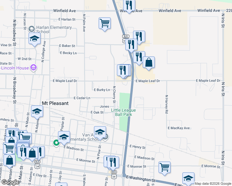 map of restaurants, bars, coffee shops, grocery stores, and more near 600-646 N Cherry St in Mt Pleasant