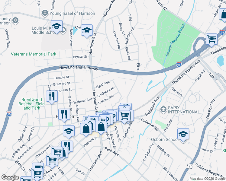 map of restaurants, bars, coffee shops, grocery stores, and more near 33 Coakley Avenue in Harrison