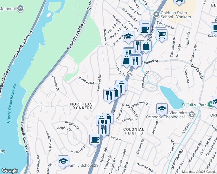 map of restaurants, bars, coffee shops, grocery stores, and more near 265 Concord Road in Yonkers