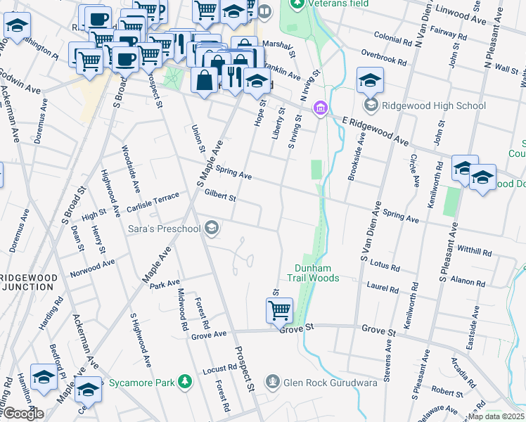 map of restaurants, bars, coffee shops, grocery stores, and more near 391 Gilbert Street in Ridgewood