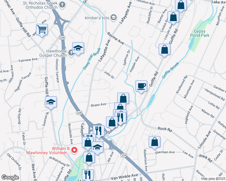 map of restaurants, bars, coffee shops, grocery stores, and more near 22 Debruyle Court in Hawthorne