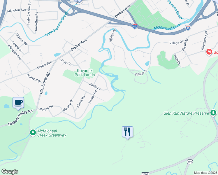 map of restaurants, bars, coffee shops, grocery stores, and more near 304 McMichaels Drive in Stroudsburg