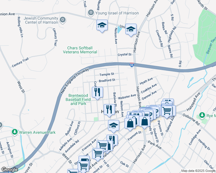 map of restaurants, bars, coffee shops, grocery stores, and more near Ellsworth Avenue in Harrison