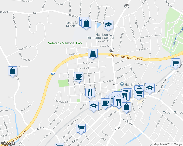 map of restaurants, bars, coffee shops, grocery stores, and more near Congress Street in Harrison