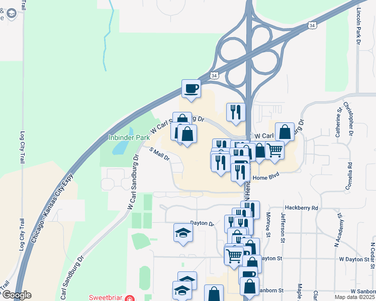 map of restaurants, bars, coffee shops, grocery stores, and more near 1150 West Carl Sandburg Drive in Galesburg