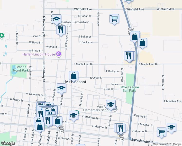 map of restaurants, bars, coffee shops, grocery stores, and more near 501-599 E Cedar Ln in Mt Pleasant