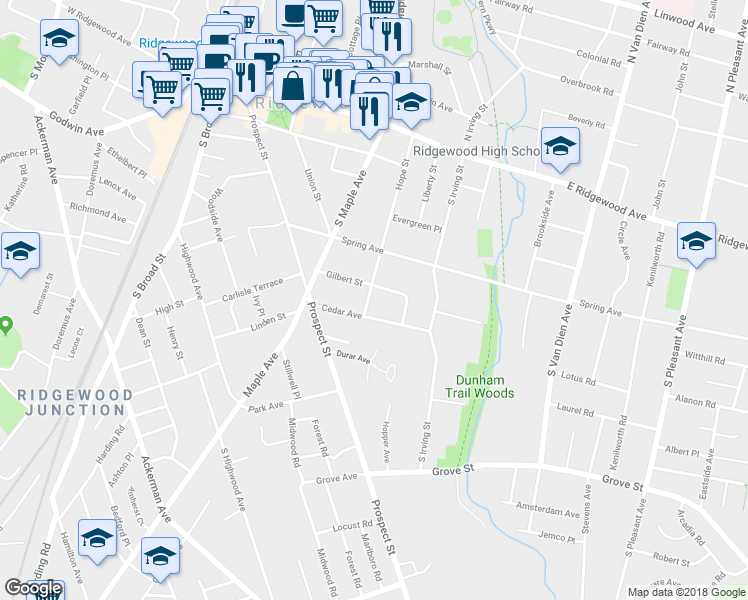 map of restaurants, bars, coffee shops, grocery stores, and more near 241 Hope Street in Ridgewood