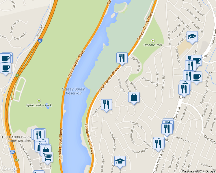 map of restaurants, bars, coffee shops, grocery stores, and more near 634 East Grassy Sprain Road in Yonkers