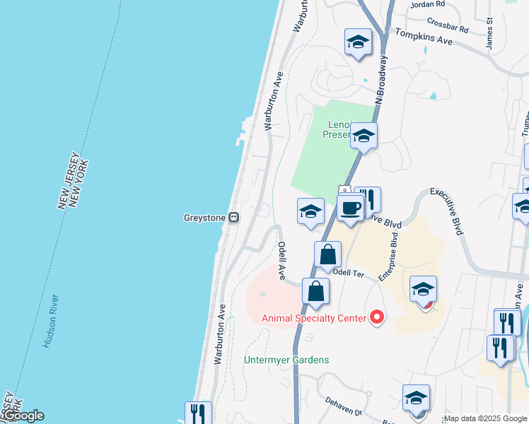 map of restaurants, bars, coffee shops, grocery stores, and more near 35 Odell Avenue in Yonkers