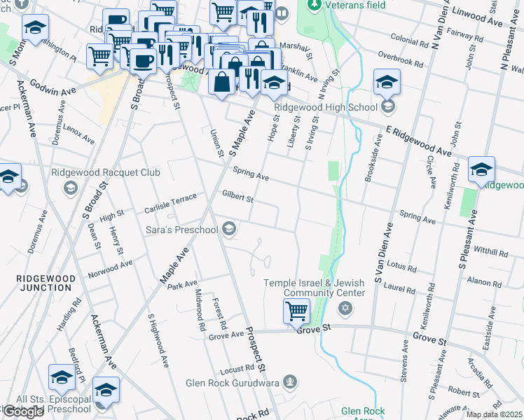 map of restaurants, bars, coffee shops, grocery stores, and more near 369 Cedar Avenue in Ridgewood