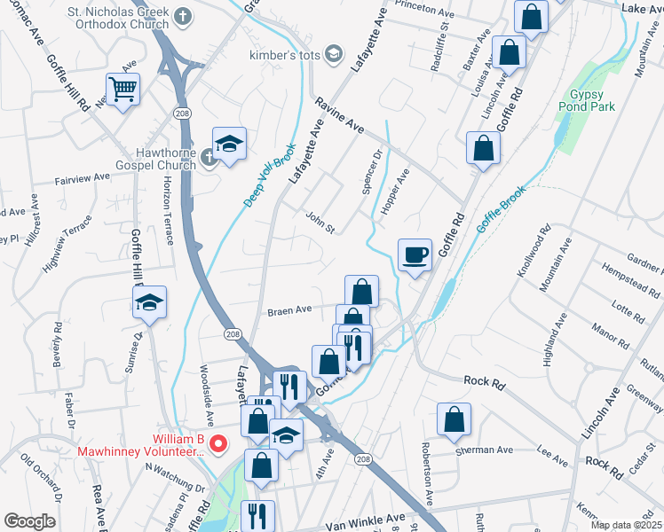 map of restaurants, bars, coffee shops, grocery stores, and more near 22 Debruyle Court in Hawthorne