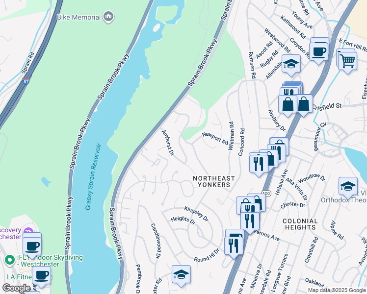 map of restaurants, bars, coffee shops, grocery stores, and more near 42 Dorchester Drive in Yonkers