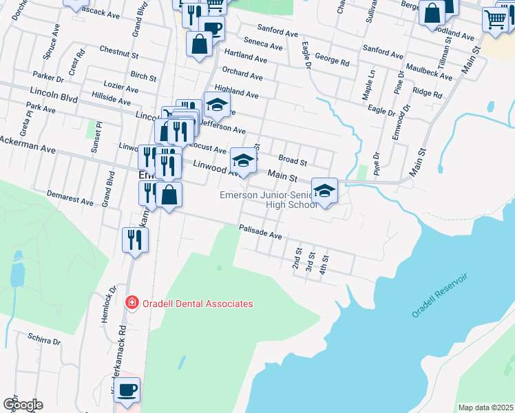 map of restaurants, bars, coffee shops, grocery stores, and more near 17 Marianna Place in Emerson