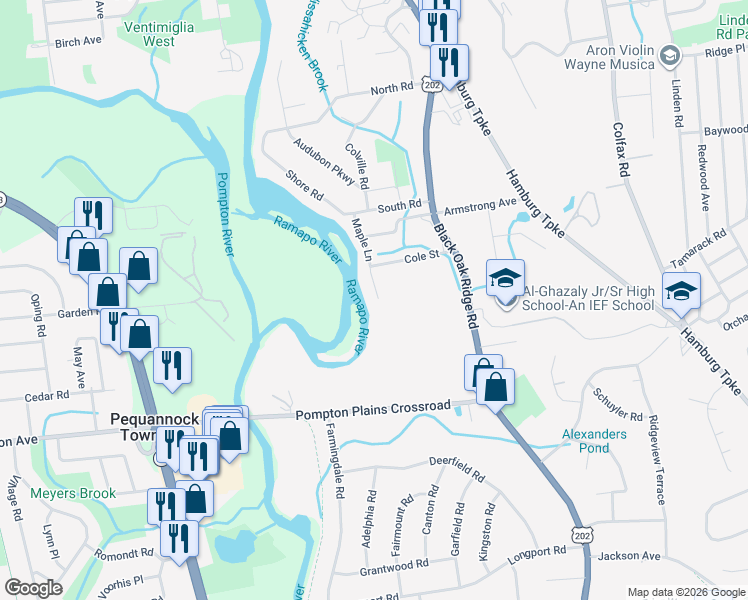 map of restaurants, bars, coffee shops, grocery stores, and more near 84 Maple Lane in Wayne