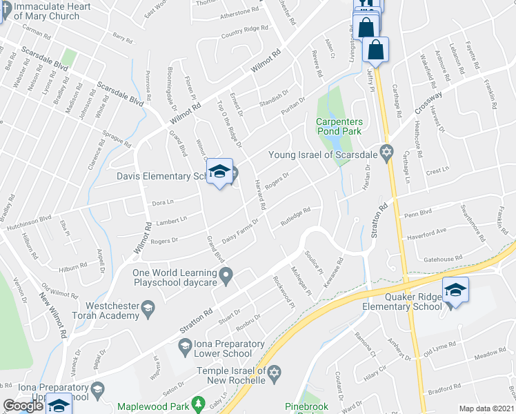 map of restaurants, bars, coffee shops, grocery stores, and more near 67 Harvard Road in Scarsdale