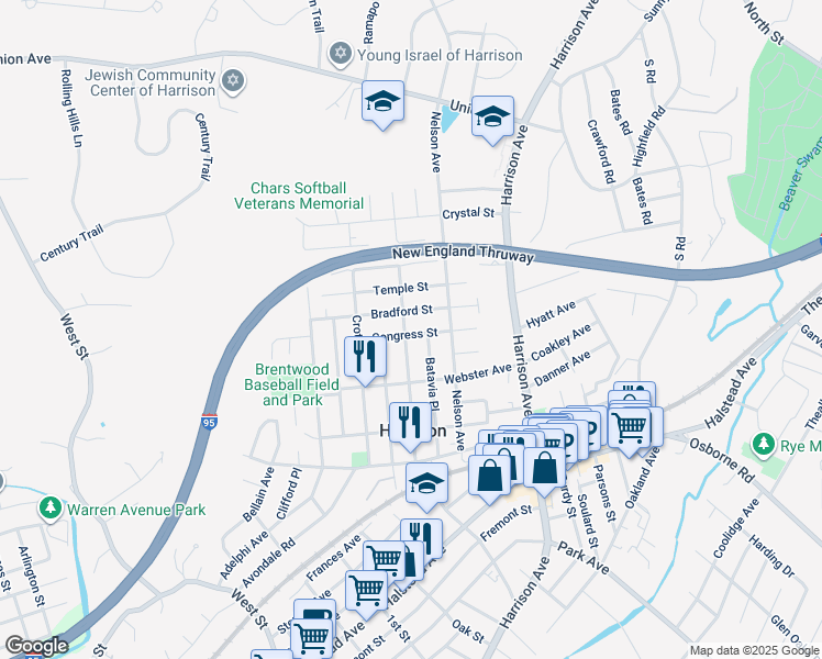 map of restaurants, bars, coffee shops, grocery stores, and more near 75 Congress Street in Harrison