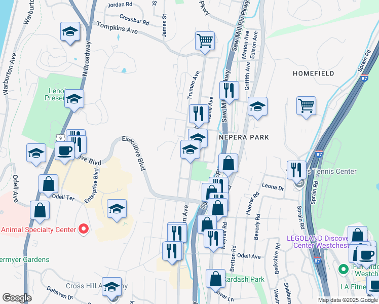 map of restaurants, bars, coffee shops, grocery stores, and more near 138 Truman Avenue in Yonkers