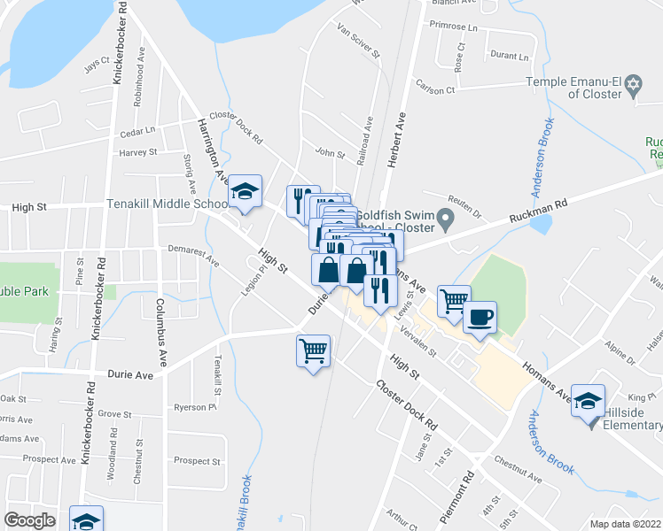 map of restaurants, bars, coffee shops, grocery stores, and more near 216 Harrington Avenue in Closter