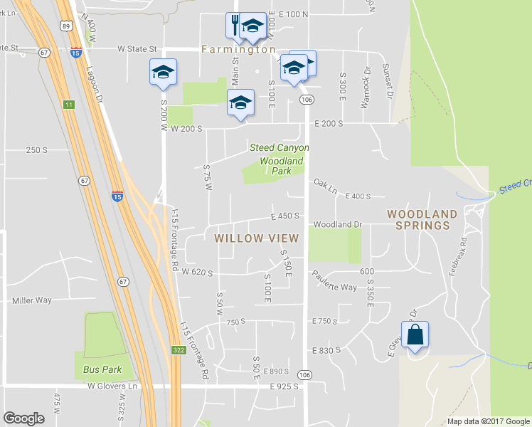 map of restaurants, bars, coffee shops, grocery stores, and more near 85 East 450 South in Farmington