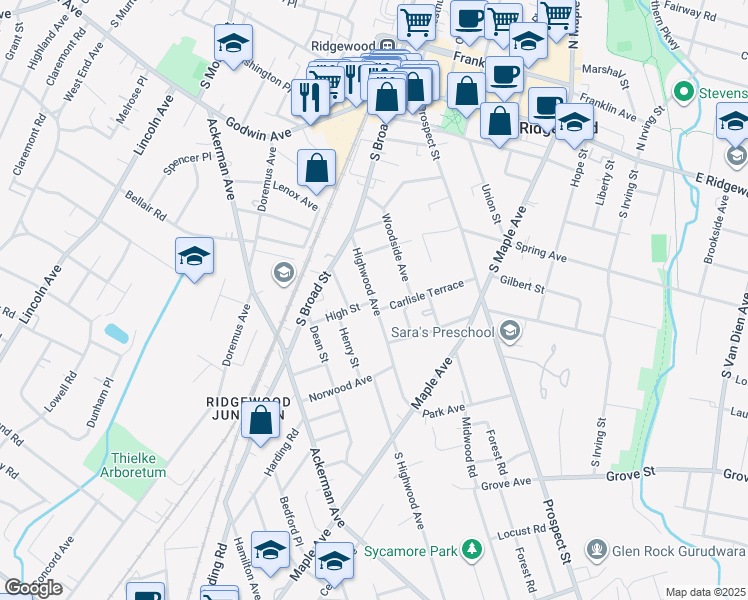 map of restaurants, bars, coffee shops, grocery stores, and more near 270 Highwood Avenue in Ridgewood