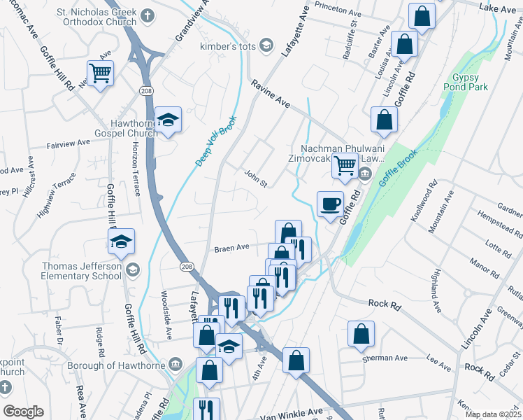 map of restaurants, bars, coffee shops, grocery stores, and more near 7 Debruyle Court in Hawthorne