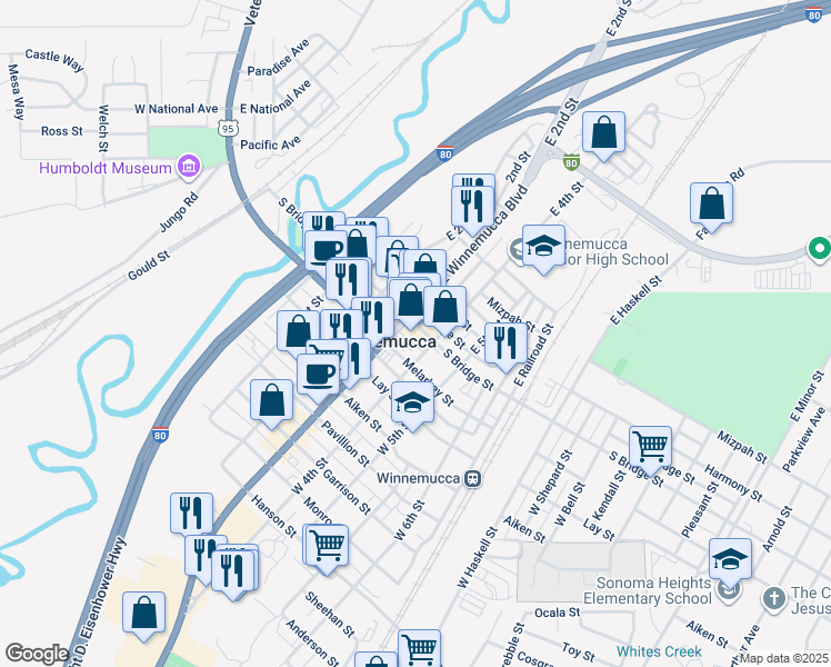 map of restaurants, bars, coffee shops, grocery stores, and more near in Winnemucca