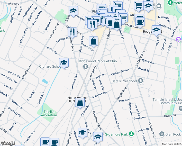 map of restaurants, bars, coffee shops, grocery stores, and more near 388 South Broad Street in Ridgewood