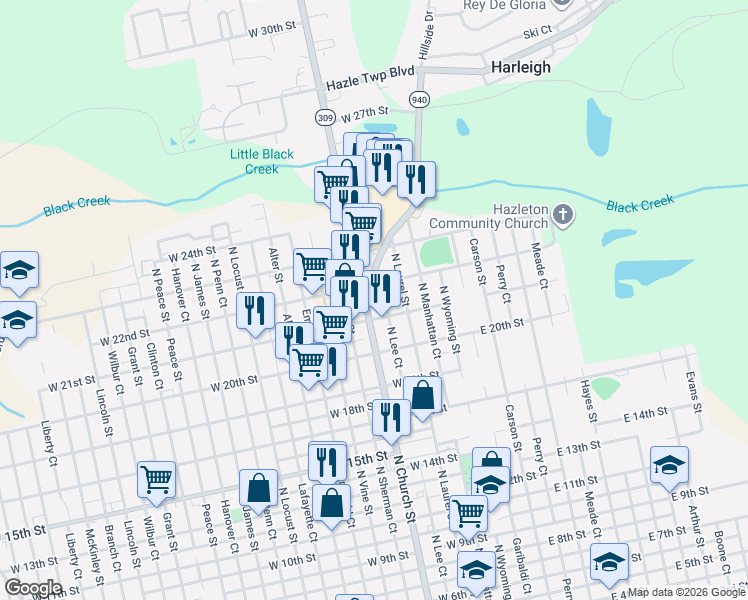 map of restaurants, bars, coffee shops, grocery stores, and more near 980 North Church Street in Hazleton