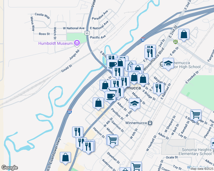 map of restaurants, bars, coffee shops, grocery stores, and more near 122 Aiken Street in Winnemucca