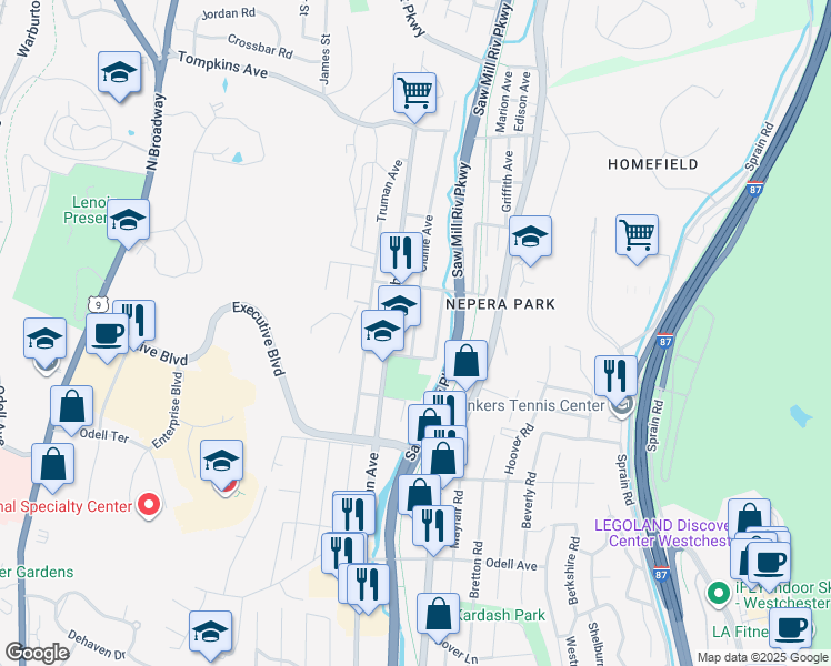 map of restaurants, bars, coffee shops, grocery stores, and more near 1408 Nepperhan Avenue in Yonkers