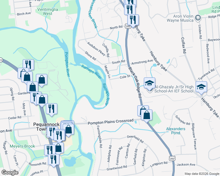 map of restaurants, bars, coffee shops, grocery stores, and more near 84 Maple Lane in Wayne