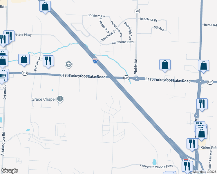map of restaurants, bars, coffee shops, grocery stores, and more near 1280 East Turkeyfoot Lake Road in Akron