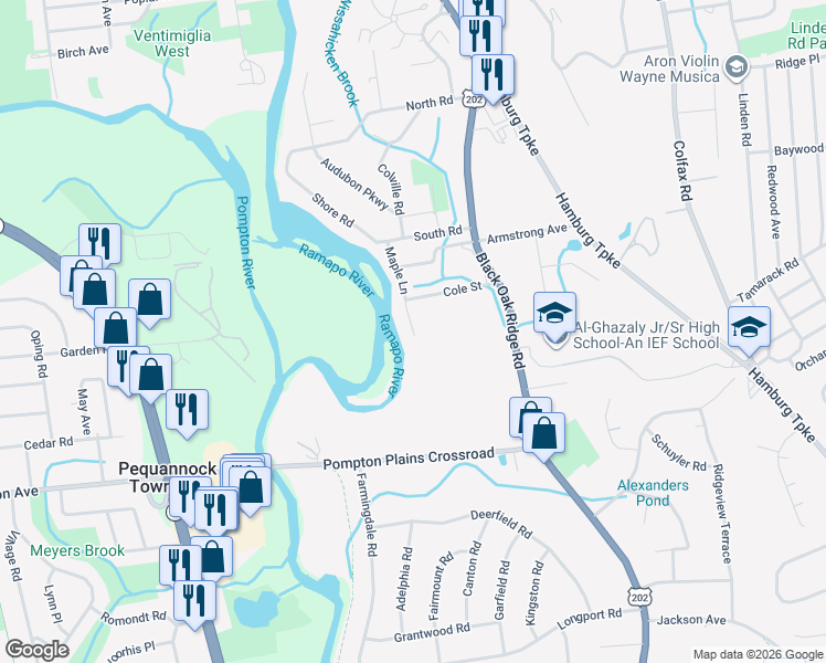 map of restaurants, bars, coffee shops, grocery stores, and more near 84 Maple Lane in Wayne