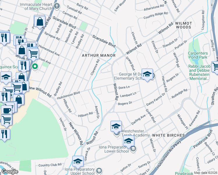 map of restaurants, bars, coffee shops, grocery stores, and more near 5 Old Farm Road in Scarsdale