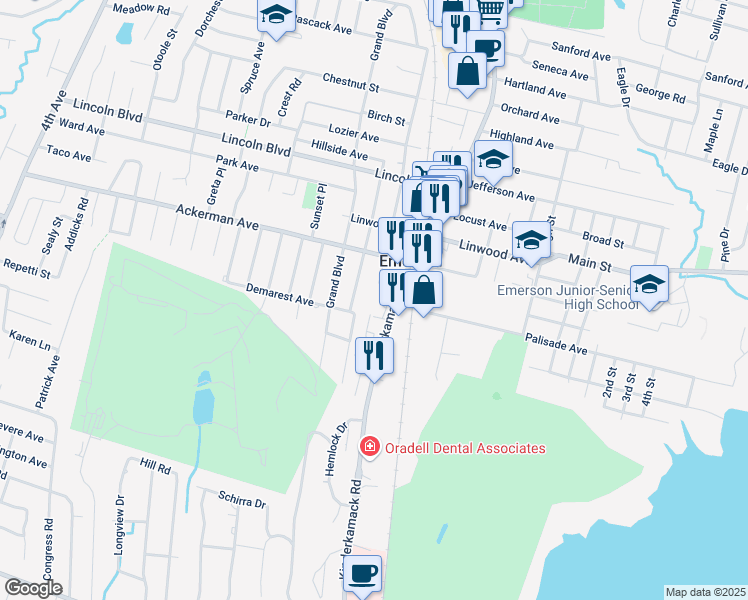 map of restaurants, bars, coffee shops, grocery stores, and more near 72 Kinderkamack Road in Emerson